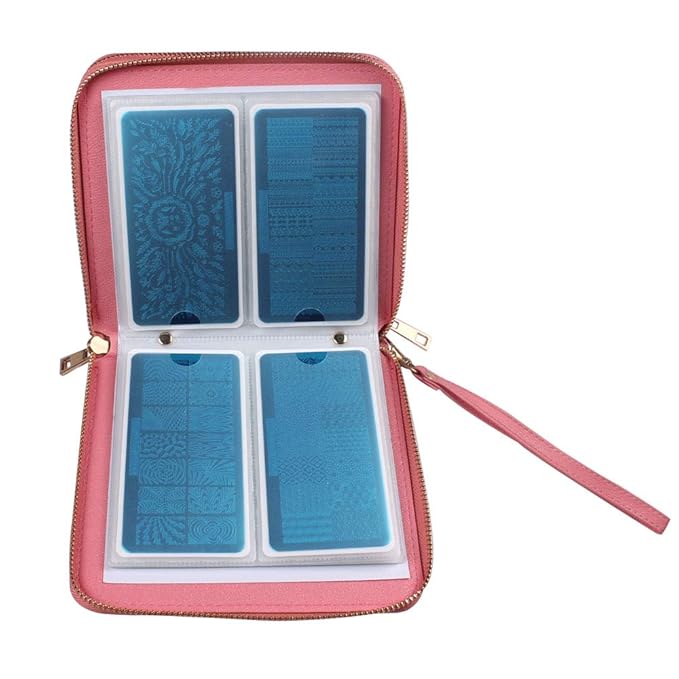 Finger Angel Nail Art Stamping Plate Organizer - Double Zipper Cases with 192 Slots - Pink Color Nail Template Collection