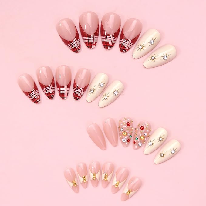 French Tip Press on Nails Medium Almond MABKJLF Fake Nails False Nails with Stripes Rhinestones Pearls Designs Glossy Glue on Nail Full Cover Acrylic Nails for Women Girls 24Pcs