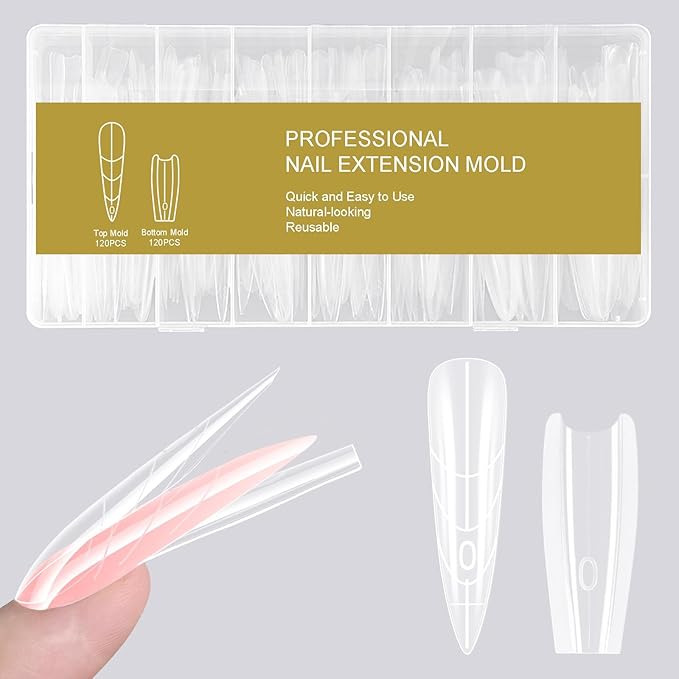 Sandwich Nails Dual Forms 240Pcs Long Almond Shape, Nail Extension Forms with 15 Sizes, Reusable Plastic Nail Mold for Builder Gel & Poly Gel, No Paper Forms Needed, Salon & Home DIY Nail Art