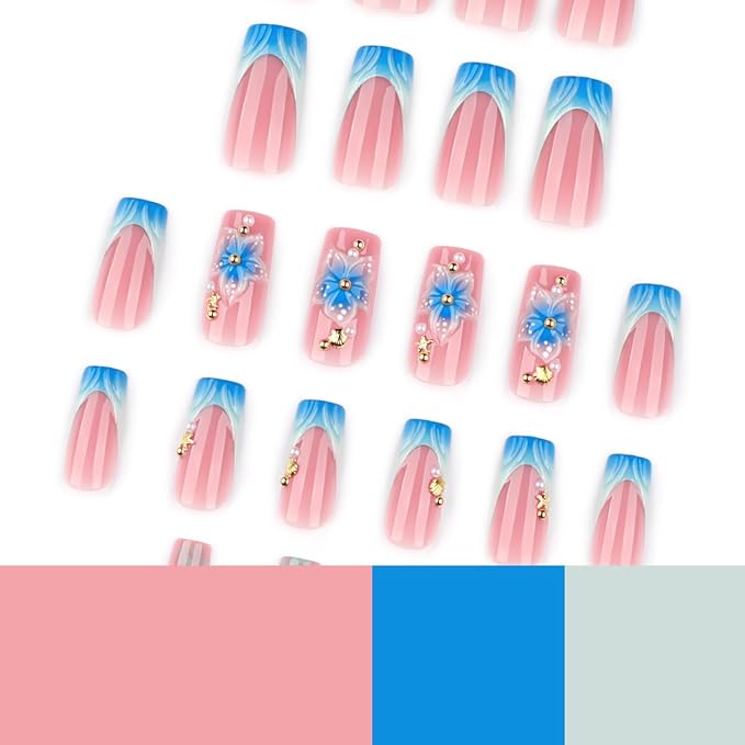 3D Press on Nails Long Square Blue French Tip Fake Nails Flower & Shell & Starfish Design Spring Summer False Nails Full Cover Glossy Stick on Nails for Women Manicure 24PCS