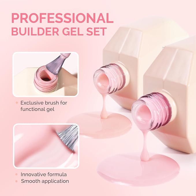 MelodySusie 2PCS 15ML Nude and Pink Builder Gel Set for Nails Thickening, Soak Off UV Extension Gel Rhinestone Glue in a Bottle for Nail Art Design Gift for Women DIY Manicure at Home