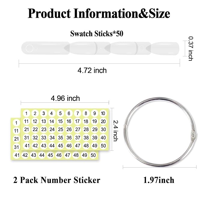 SIUSIO 50 Pcs Chart Fan Nail Swatch Sticks with Metal Split Ring and Numbered Tips - Clear Fan-shaped Color Display for Nail Art Polish Practice