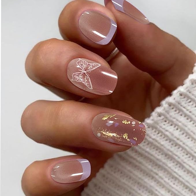 20Pcs Light Purple Semi Cured Gel Nail Strips French Tip Summer Butterfly Gel Nail Stickers UV/LED Light Needed Self Adhesive Nails Wraps with Design Glossy Nails Polish Strips for Women