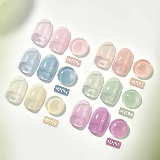 GAOY Jelly Green Spring Summer Gel Nail Polish Set, 6 Transparent Colors Sheer Blue Pink Nude Soak Off UV Light Cure Gel Polish Kit for Salon and Nail Art DIY at Home