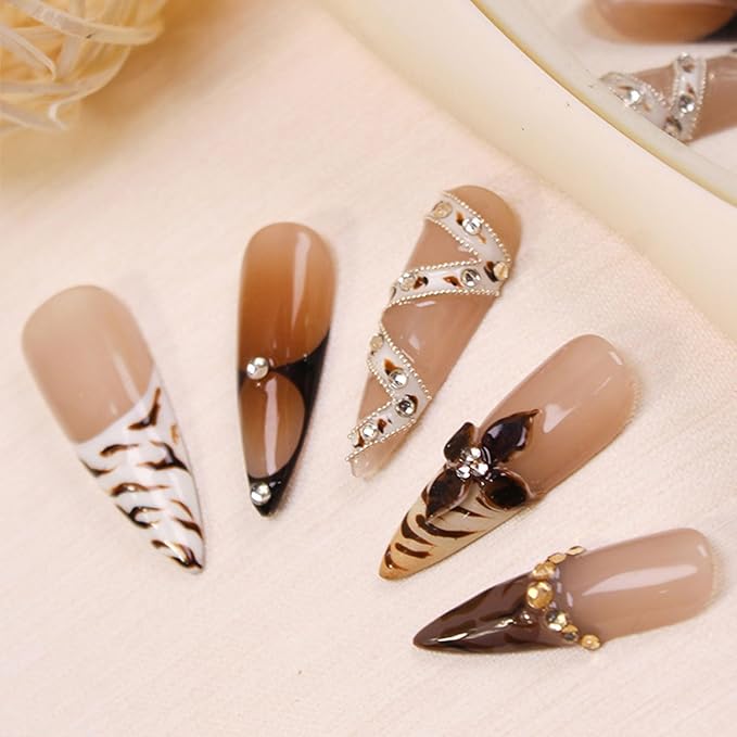 Luxury French Press on Nails Long Almond Handmade Nails with Glue,Brown False Nails with Flower Art Design Fall Nail Press ons Muti-Layer Gel Handmade False Nails for Women (Size S)