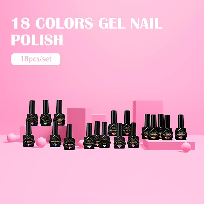 Jelly Gel Nail Polish Kit- 18 Trendy Bright Colors Sheer Pink Amber Soak Off UV/LED Lamp Curing, Chip Resistant & High Shine, DIY Home Manicure & Salon Use for Women & Teens