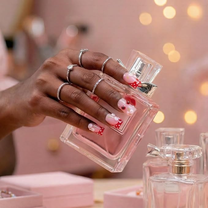 10 Pieces Luxury Acrylic Press On Nails Short Handmade Red Duck Nails,Thickened False French Nails, Three-dimensional Petals And Ladybugs, Reusable Fake Nails, Acrylic Nails (M)