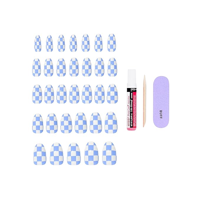 KISS CORE, Press On Nails, Nail glue included, 'Credit', Blue, Medium Size, Almond Shape, Includes 32 Nails, 2g Glue, 1 Manicure Stick, 1 Mini File