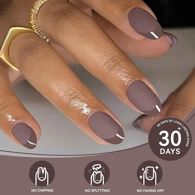 Brown French Press on Nails Short Almond -Pure Brown Nails with Glossy French Tip in a Matte Finish, Soft Gel Reusable Fall Fake Nails Winter Stick on Nails for Women Gift, 32PCS 16 Sizes