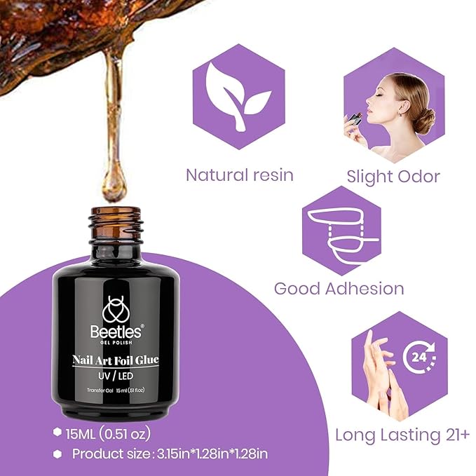 Beetles 15ml Nail Foil Glue, Foil Transfer Gel for Nails Stickers Transfer Nail Art Gel Nail Polish Soak Off LED Lamp Required Manicure DIY at Home Nail Gifts for Women