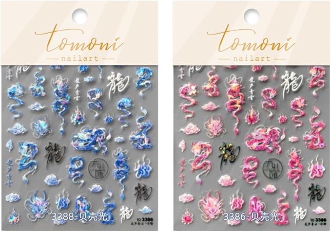 2Sheets Dragon Nail Art Stickers Blue Pink Chinese Totem Character Acrylic Nail Decals for New Year Spring Festival Cool Design Nails Supplies (A Style)