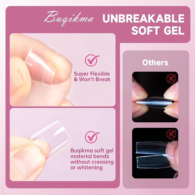 Buqikma 500PCS Short Nail Tips for Acrylic Nails - Clear False Short Artificial Tips for Manicure with Box（Pink Box with Tips）