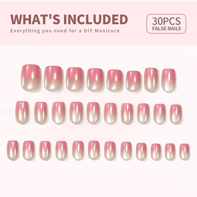 30 Pcs Pink Gradient Soft Gel Press on Nails Short Square Cats Eyes Fake Nails Designs Thickened False Nails with Glue Glossy Acrylic Nails Full Cover Stick on Nails for Women Nails Manicure