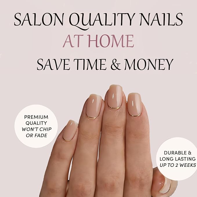 Press On Nails Short Coffin- Gold End Foil Press On Nails With Glue For Women, Soft Gel Glue On Nails in 12 Sizes - 24 Stick On Nails Kit