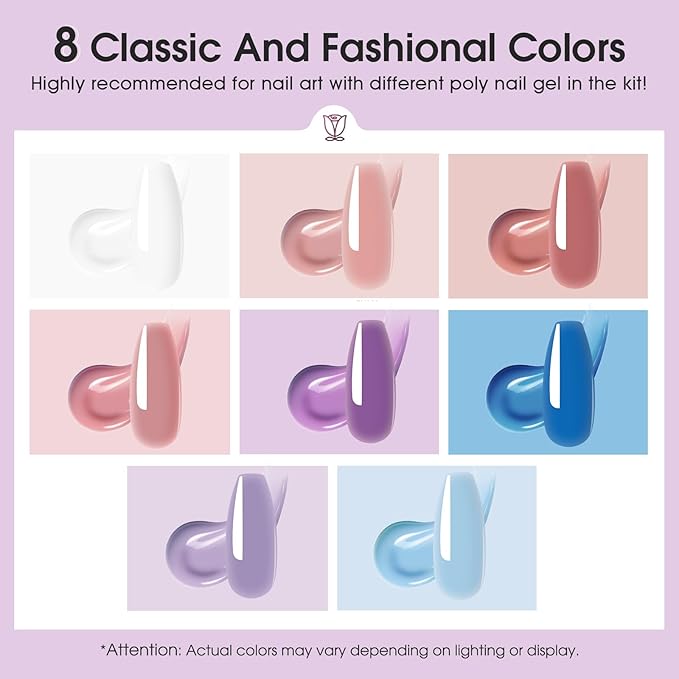 ROSALIND Poly Nail Gel Set, 8 Colors Blue Purple Poly Extension Gel Nail Set, Nude White Poly Nail Gel Kit Builder Nude Gel Extension Kit for Nail Art Easy DIY Gift for Women