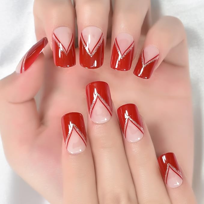 Red Gold Glitter V-Shape Press On Nails Medium Square Acrylic Full Cover Salon DIY False Nails 24 pcs/kit