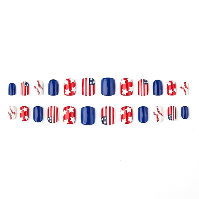 24Pcs Independence Day Press on Nails Short Square Fake Nails with Baseball Designs Patriotic Glossy False Nail for Women Stripe Acrylic Stick on Nails Cute Glue on Nail for 4th of July