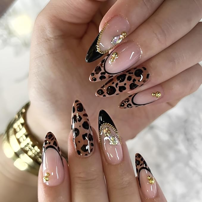 Leopard Print Press on Nails Medium Almond Fake Nails French Tip Nails Press Ons Brown False Nails with Rhinestones Design Glossy Full Cover Glue on Nail Fall Stick on Nail for Women 24Pcs