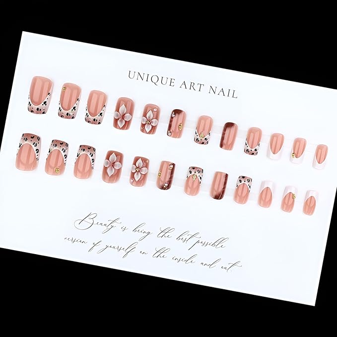 24Pcs French Tip Press on Nails Medium Square Fake Nails Leopard Print Nails Press Ons Flower False Nails with Pearl Design French Tip Glue on Nail Glossy Stick on Nail for Women Decorations 24Pcs