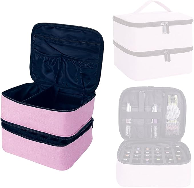 Nail Polish Organizer, Handheld Double Layer Organizer Holds 30 Bottles (15 ml/0.5 floz) with Adjustable Dividers for Nail Polish Small Manicure Lamp Manicure Tools Essential and Travel,Pink