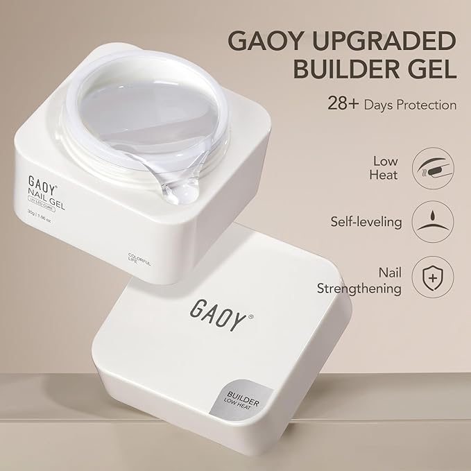 GAOY Low-Heat Clear Builder Gel for Nails, 30ml Self-Leveling Nail Strengthener, Soak Off Long Lasting Hard UV Gel, Base Coat Top Coat Needed