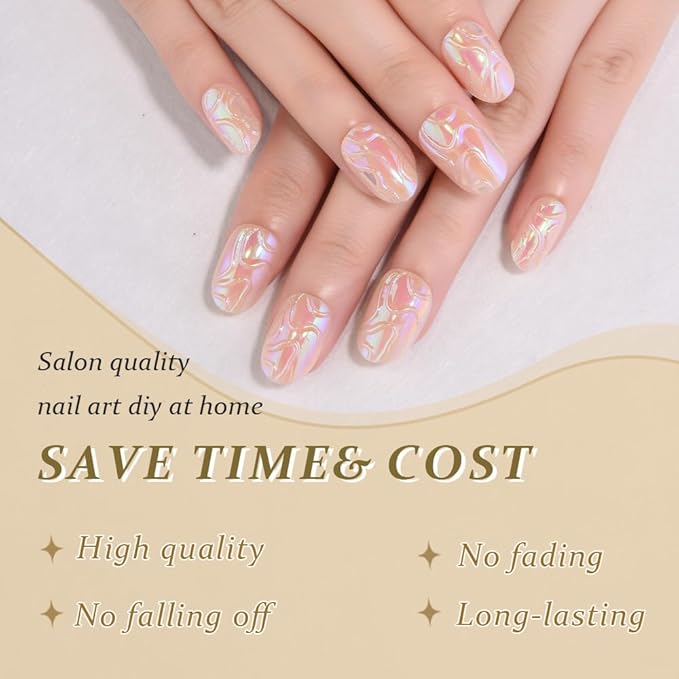 evpct Spring & Summer Glossy Press on Nails Short Oval, Aurora Glazed Fake Nails Press ons with 3D Pattern Design, Light Weight Perfectly Fit Nails for Women Gift, Fake Nail Kit with Kits Gel, 24Pcs