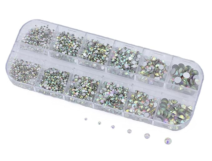 Over 2100 Pieces Crystal AB Flat Back Glass Rhinestones Crystals for Nail Art Kit 6 Sizes (1.4mm - 4.8mm)
