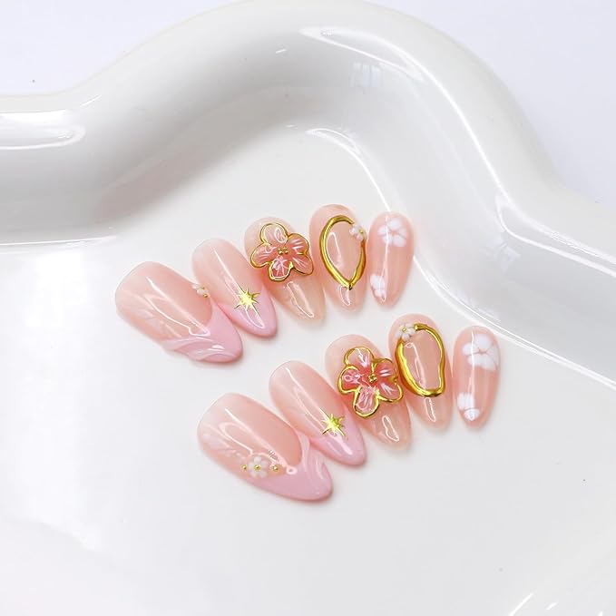 Handmade Press on Nails Medium Almond Fake Nails with 3D Gold Embossed & Flower Design Salon Quality Thickened Acrylic False Nail Full Cover Pink French Tips Stick on Nail for Women（Size S）
