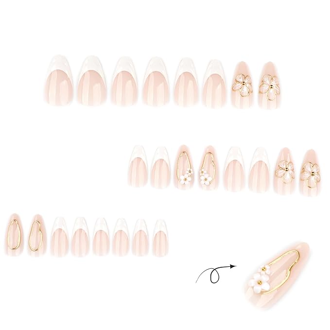 Almond Press on Nails Medium - White French Tip Fake Nails with 3D Gold Stripes Floral Charms Design - Elegant Full Cover Stick on Nails for Women 24 Pcs