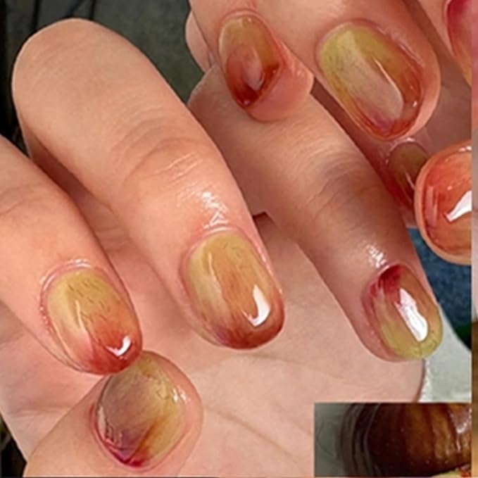Sweet Apple Press On Nails - Yellow & Red Ombre Design, Reusable False Nails with Glue Stickers,Easy Application Manicure Set for Work, Party & Daily Use, Perfect for Women and Students