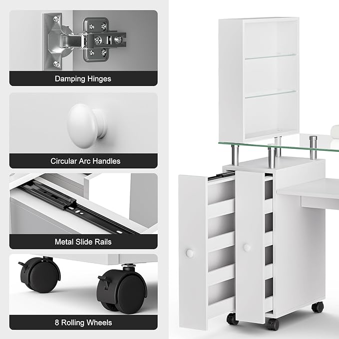 Paddie Manicure Table Nail Tech Table, Glass Top Nail Desk Station for Nail Tech w/Shelves & Wrist Cushion, Acetone Resistant Beauty Salon Workstation w/Lockable Wheels(White)