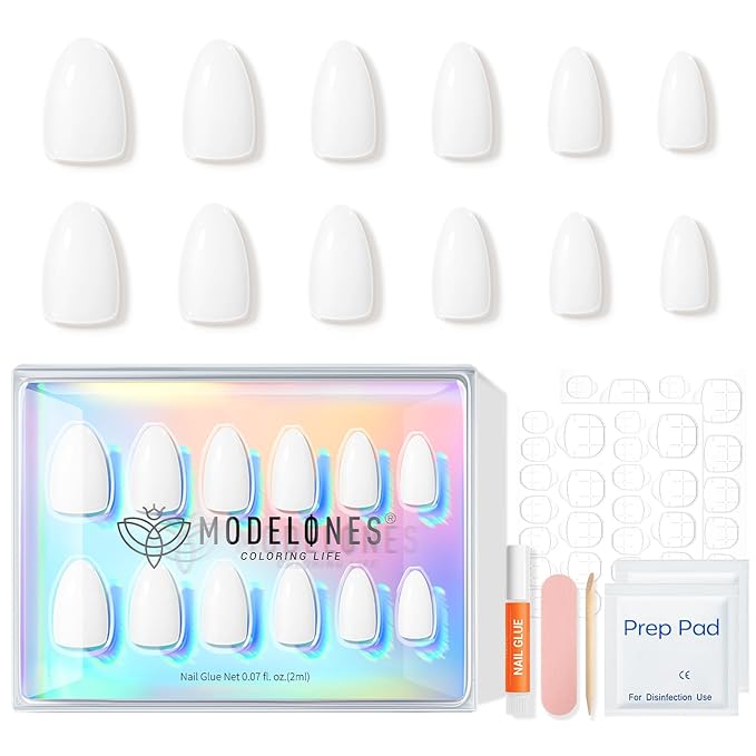Modelones White Press on Nails Almond, Short Almond Fake Nails, Reusable Nail Kit with Nail Glue Adhesive Tabs Mini Nail File, Nails Press Ons 32Pcs 16 Sizes, Women Girl Gift