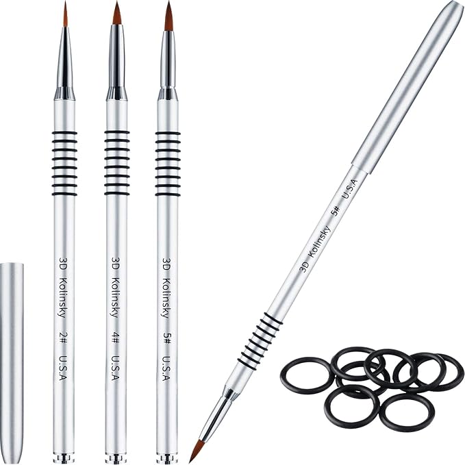 Patelai 3 Pcs Kolinsky 3D Nail Art Brush Set Size 2/4/5 Acrylic Nail Art Brush with Silver Metal Nonslip Grip Handle Polish Cleaning Manicure Tools for Women Acrylic Sculpture Application