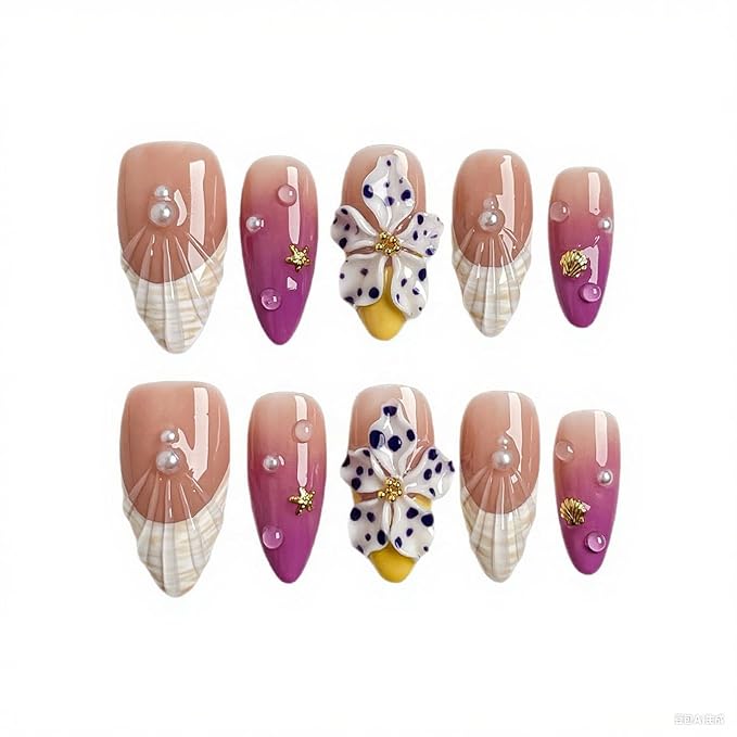 Handmade Press on Nails Purple Gradient Fake Nails French Tip Multi-Layer Gel Acrylic Nail with 3D White Flower & Pearl Designs Full Cover Medium Almond Stick on Nails for Women Nail Art（Size S)