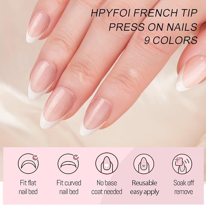White French Tips Press on Nails Pack,Short Almond Fake Nails Press ons in 9 Different Base Color,Full Cover Stick on Nails for Women Manicure,12 Sizes | Reusable | Glue Tabs | Easy Apply | 216Pcs