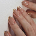 Almond Press On Nail Short, Pink Fake Nails with Elegantly Crafted Gold French Tips, Glossy Gel Finish, Thick Natural Reusable Glue On Nails Kit for Women 24Pcs, Golden Chic