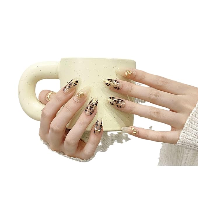 Handmade Press on Nails,Reusable False nails,Acrylic Fake Nails Kit,Luxury glitter brown leopard Design Nail Art Kit,Include Toolkit,10pcs,Size L，#864