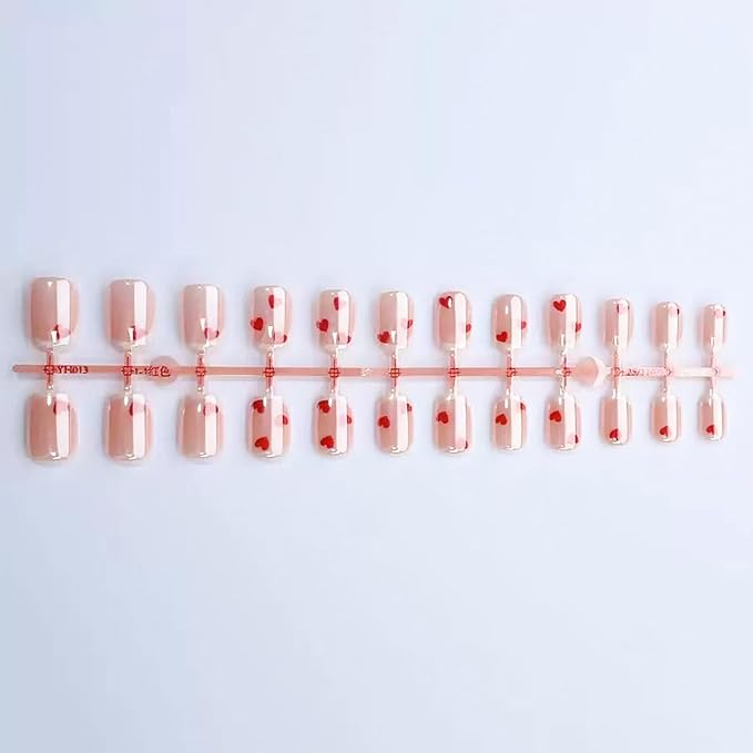 French Tip Press on Nails Short Square Fake Nails Red Heart False Nails with Glossy Metal Chrome Acrylic Nails Shiny Valentine's Glue on Nail for Women Manicure Decoration 30Pcs