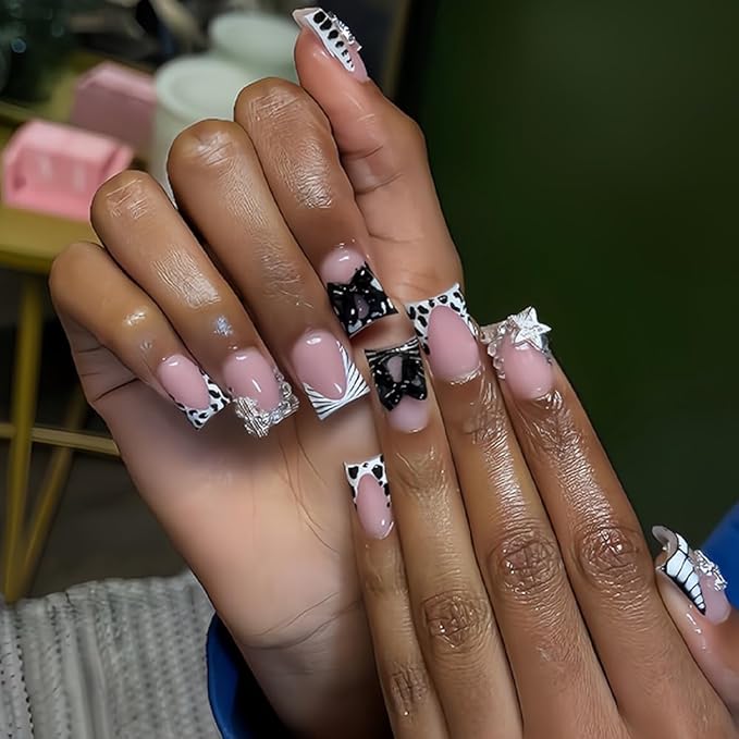 Short Press on Nails - Square Fake Nails with Bow Star Charms Design - French Tip False Nails Stick on - for Women 24 Pcs