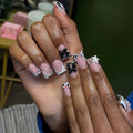 Short Press on Nails - Square Fake Nails with Bow Star Charms Design - French Tip False Nails Stick on - for Women 24 Pcs
