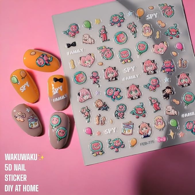 Anime Nail Stickers 5D 3D Embossed Japanese Kawaii Nail Art Decals for Unisex DIY Nail Design, Self Adhesive Stickers for Natural Gel Press On Nails, Cute Otaku Cosplay Gift (HEH)