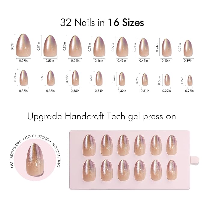 VSALON Press On Nails Short Almond, Nude Aqua Cat Eye Clear Shimmer Nails, Salon Quality Fake Nails Kit - 32 PCS Stick on Nails in 16 Sizes with UV Glue & Cuticle Oil