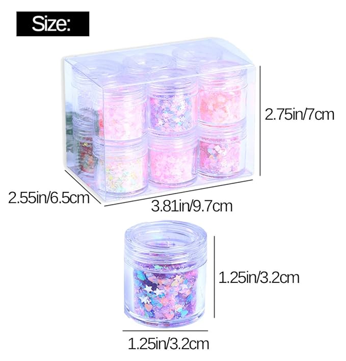 Nail Flat Diamond Sequins Stars Moon Heart Shaped Mixed Glitter Super Bright Colorful Eye Makeup High Bottle 12PCS