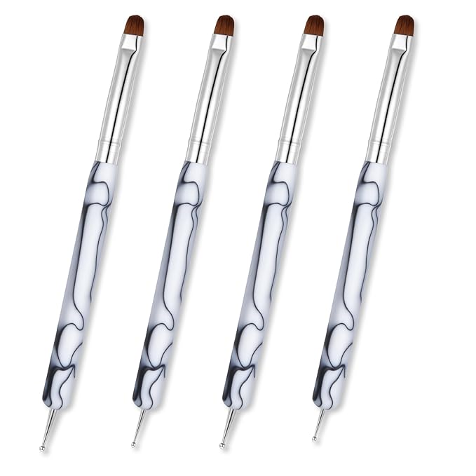 4pcs French Gel Nail Art Brush Acrylic Two Way Nail Art Brush with Dotting Professional Manicure Tool for Manicure Cuticle Clean up Detailed Designs Nails Dotting Pen (10#, 12#, 14#, 16#)