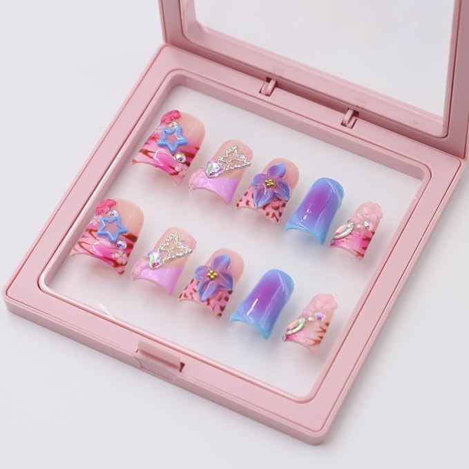 Thick Press on Nails Handmade Medium Duck Nails Pink Fake Nails 3D Flower Art False Nail with Gems Design Luxury Rhinestone Nature Reusable Acrylic Nail for Wome (Size M)