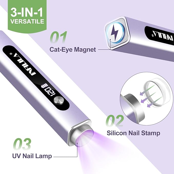 NXJ INFILILA Multi-Functional Handheld UV Light for Gel Nails with Cat Eye Magnet - Portable Flash Cure Nail Lamp for French Manicures, Detail Work, Type-C Cordless for Travel & Home Use(Purple)