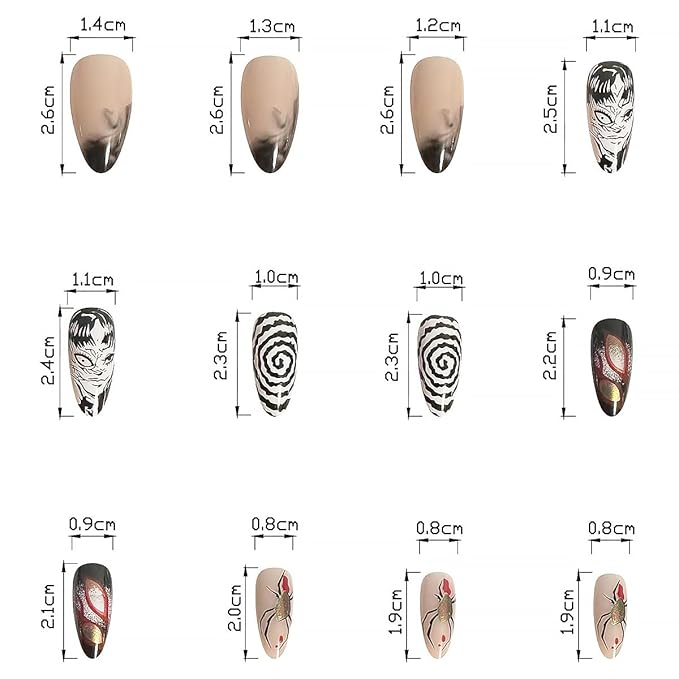 24pcs Almond Press On Nails - Medium Gothic Anime Design, Black & White, Full Cover, Glossy, Reusable DIY Nails for Women's Manicure
