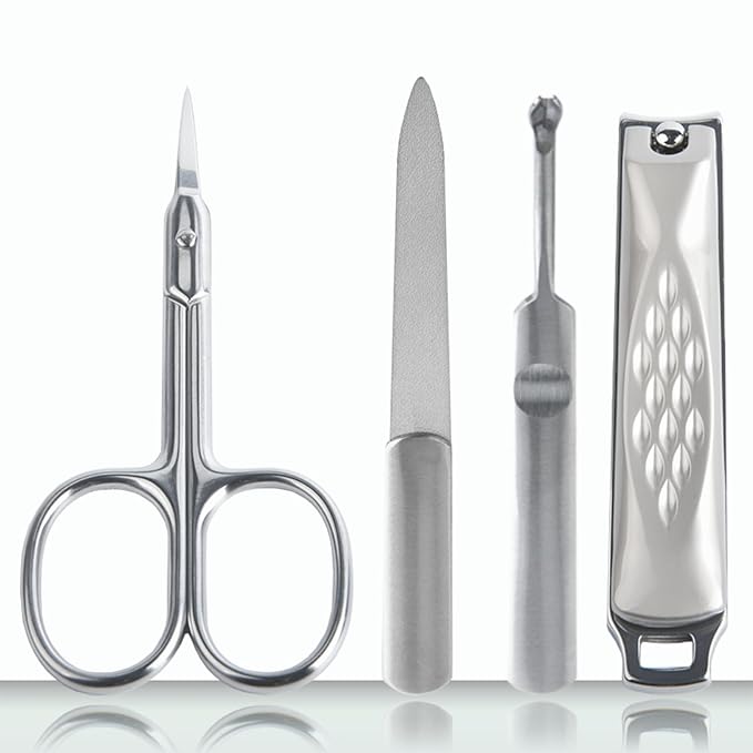 Guowall 4pcs Nail Clipper File Multipurpose Scissors Cuticle Removal Fork Manicure Set Personal Beauty Care Tools Manicure Set with Metal Storage Box