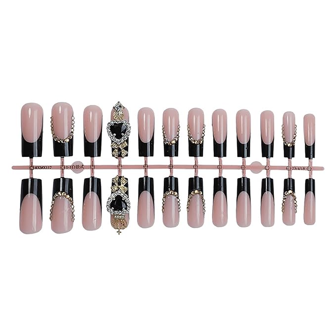 Black Press on Nails Long Square Press on False Nails Full Cover Fake Nails Glue on Nail with Design Nails Rhinestones Acrylic Glossy Stick on Nail for Women (French Tip Black)