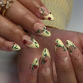 Yellow French Tip Press on Nails Almond Fake Nails with Ladybug Green Leaves Design Short False Nail Press ons Reusable Artificial Nail Glossy Full Cover Stick on Nails for Women Manicure 24 Pcs